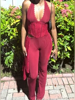Red Lace-Trim Halter Jumpsuit